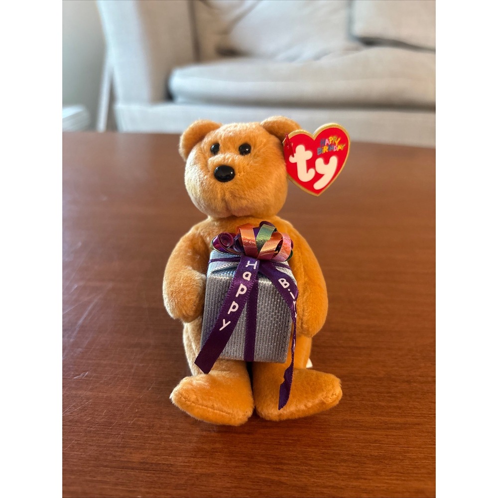 Ty Happy Birthday Beanie Bear Plush 2004 Brown Silver Gift Box 40234